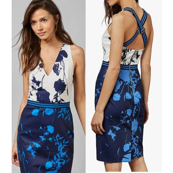 Ted Baker Dresses & Skirts - Ted Baker London Tilliai Bluebell V-Neck Bodycon Dress Dark Blue Size 3 Medium